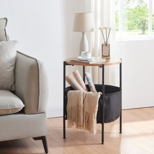 Odkládací stolek Suonenjoki s úložným košem Konferenční stolek Pohovka s úložným prostorem Noční stolek kulatý 59x47cm Černá / ořechový vzhled