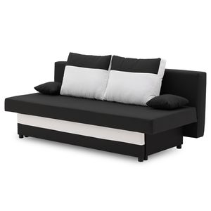 Couch SONY 190x90 mit Schlaffunktion - Farben zur Auswahl - kleines Sofa. Schlafsofa mit Bettkästen und dekorative Kissen - STOFF HAITI 17 + HAITI 0 - Schwarz&Weiß