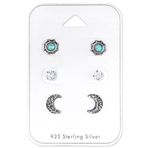 Ohrstecker Set 925 Sterling Silber Ethnischer Mond und Sonne Ohrringe