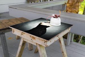 Wallario selbstklebende Möbelfolie/ Tischdecke für Innen und Außen, Größe: 100 x 100 cm - Schöne Frau im schwarzen Kleid zeigt ihren Rücken