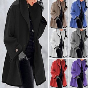Damen Baggy Button Revers Wollmantel Outwear Warm Pocket Jacken Mantel, Farbe: Schwarz, Größe: 3XL
