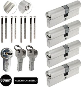 4x Profil Zylinderschloss Schließzylinder Tür Zylinder Profilzylinder 80mm (40/40mm) Gleichschließend