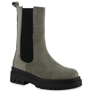 VAN HILL Damen Stiefel Plateaustiefel Blockabsatz Boots Profil-Sohle Schuhe 837783, Farbe: Olivgrün Schwarz Velours, Größe: 38 VAN HILL Damen Stiefel Plateaustiefel Blockabsatz Boots Profil-Sohle Schuhe 837783, Farbe: Olivgrün Schwarz Velours, Größe: 38