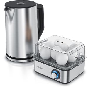 Arendo Frühstücks-Set, 8er Eierkocher EIGHTCOOK, Wasserkocher mit Temperatureinstellung, Silber
