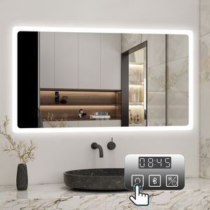 LED Spiegel mit Bluetooth 120×70cm Uhr Kalt/Neutral/Warmweiß dimmbar Memory Touch/Wandschalter Beschlagfrei Spiegel