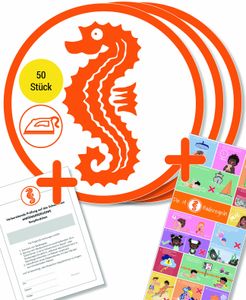Frank Paperman | 50x Seepferdchen Abzeichen aufbügeln mit 50x Urkunde | Schwimmabzeichen zum aufbügeln | orange | 6 cm Durchmesser | inkl Baderegeln