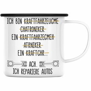 Trendation - KFZ Mechaniker Geschenk Lustig Emaille Tasse mit Spruch für Automechaniker Geschenkidee Emaille Emaille Tasse Werkstatt (Schwarz)