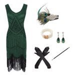 20er Jahre Flapper Damen Kostüm Grün Pailletten Kleid und 5-tlg. Pfau Zubehör-Set