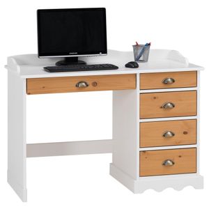 Schreibtisch Bürotisch COLETTE Arbeitstisch mit Aufsatz, Kiefer massiv, weiß/braun lackiert, Landhausstil