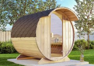 FinnTherm Fass-Sauna Tom Fasssauna 2 Sitzbänke aus Holz , Sauna mit 40 mm Wandstärke, Außensauna mit Montagematerial