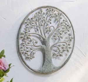 Wandbild "Baum des Lebens" aus Metall, mintgrün lackiert mit Kupfer Patina, rund Ø 40 cm, Metallbild, Wanddeko