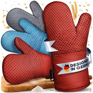 Funkenflug® Premium Ofenhandschuhe hitzebeständig [NEU] - Backhandschuhe mit Anti-Rutsch Silikonbeschichtung, extra langem Unterarmschutz (Rot)