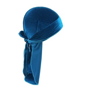 Durag-Mütze, einfarbig, ultraweich, hält warm, Samt, für Herren und Damen, Kopfwickel mit langem Schwanz für den Winter, Blau