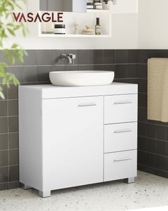 VASAGLE Waschbeckenunterschrank mit Füßen, 3 große Schubladen, 2 Fächer hinter der Tür, 30 x 70 x 64 cm, Weiß