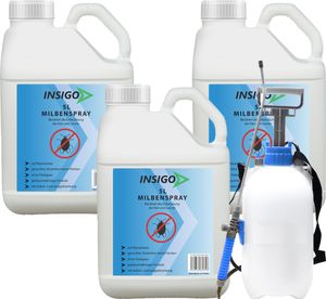INSIGO 3x5L + 5L Sprüher Anti-Milbenspray, Mittel gegen Milben Milbenbefall Milbenfrei Schutz gegen Eier auf Wasserbasis, fleckenfrei, geruchlos, mit Schnell- & Langzeitwirkung frei EX