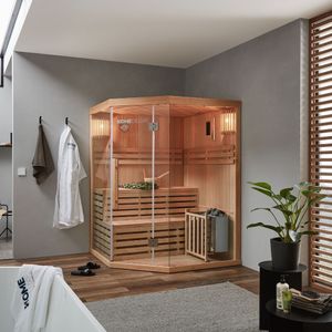 HOME DELUXE Traditionelle Sauna SKYLINE - XL – 150 x 150 x 200 cm inkl. 6 kW Harvia Saunaofen & Zubehör, ideal für 3 Personen |Saunakabine, Ecksauna