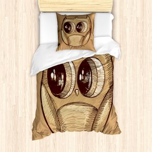 ABAKUHAUS Gekritzel Bettbezug Set für Einzelbetten, Süße Eule Große Augen, Milbensicher Allergiker geeignet mit Kissenbezug, Hellbraun Kamel und Dunkler Kakao