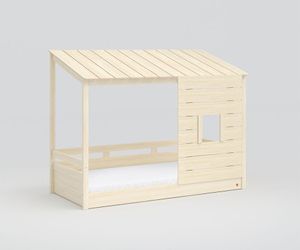 Montessori Hausbett mit Schrägdach / Fenster 90x200 cm Braun, Matratze:mit, Auszug:ohne Bettauszug