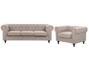 BELIANI Sofa Set Taupe Stoffbezug 4-Sitzer mit Gedrechselten Holzbeinen Dicke Sitzkissen Knopfheftung Chesterfield Stil Retro Wohnzimmer Sitzgruppe