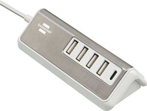 brennenstuhl®estilo Mehrfach USB Ladegerät / USB Ladestation mit hochwertiger Edelstahloberfläche (4x USB-A Ladebuchsen und 1x USB C Power Delivery Ladebuchse, mit 1,5m Textilkabel)