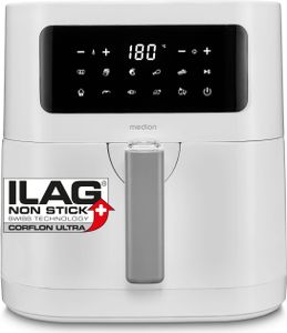 MEDION E40 XL Heißluftfritteuse (5,2 Liter, Airfryer, 2.150 Watt, 9 Automatikprogramme, Backfunktion, ölfreies Frittieren, Touch Bedienfeld, LED Anzeige) weiß