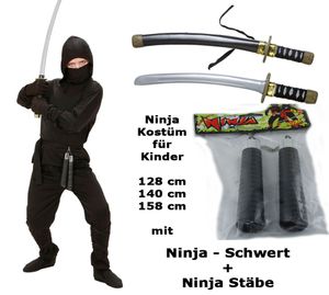Kostüm Ninja mit Schwert + Stäbe  - Ninja komplett 116 cm - 164 cm L - 158 cm