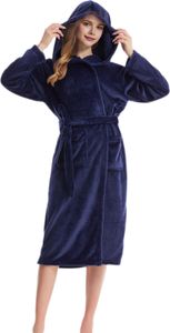 Damen Winternachthemd Dicker Flanell Warm Verstellbarer Schnürgürtel Einfarbig Kapuzentaschen Große Wasseraufnahme Lady Homewear Spa Hotel Bademantel