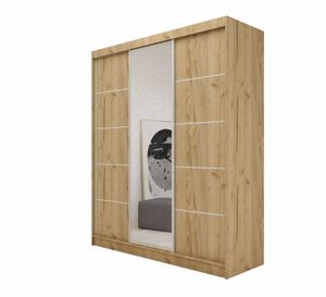 AGMAT Schwebetürenschrank Kira, Kleiderschrank mit 3 Türen und Spiegel und 2 Schubladen, Moderne Garderobe in Farbe: Artisan, Schrank in Größe: 180 x 216 x 61 cm