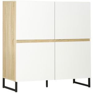 HOMCOM kuchyňská skříňka příborník se 4 přihrádkami kuchyňský bufet kuchyňský nábytek úložná skříňka komoda dřevotříska proti naklonění bílá+přírodní dřevo 100 x 41,5 x 107 cm