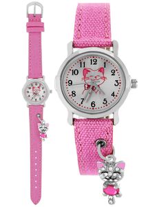 Pacific Time Armbanduhr Mädchen funkelnde Katze am Textilarmband rosa 87255