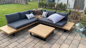 Záhradný set HWC-H54, sedacia súprava lounge set sofa, spun poly akáciové drevo s certifikátom~ vankúše tmavosivé