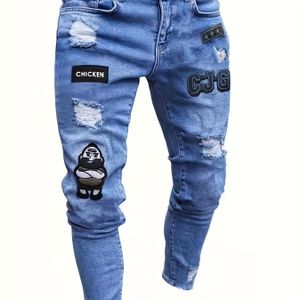 Slim-Fit-Jeans für Herren mit Stickerei, Street-Style, zerrissene Jeans mit hohem Stretchanteil