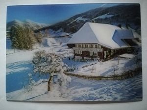 3 D Ansichtskarte Winter, Schnee, Schwarzwaldhaus, Postkarte Wackelkarte Hologrammkarte, Schwarzwald