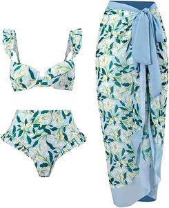 3-teilige Badeanzüge für Frauen, Bikini-Set, Vintage-Bademode, Bauchkontrolle, hoher Bund, Badeanzug mit langen Cover-Ups und Wickelrock( Blau M)