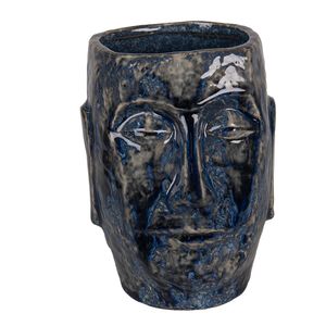 Clayre & Eef Blumentopf Gesicht 13x15x17 cm Blau Keramik