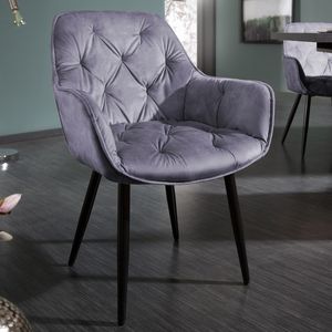 riess-ambiente Design Stuhl MILANO grau Samt mit Armlehne Ziersteppung gepolstert schwarze Metallbeine Esszimmerstuhl Konferenzstuhl