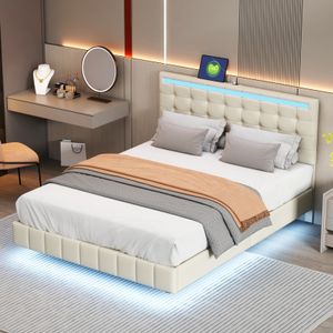Čalúnená posteľ Fortuna Lai 140x200 cm s LED osvetlením a USB zástrčkou, manželská posteľ s plávajúcim rámom postele a výškovo nastaviteľným čelom, drevená posteľ pre mladých funkčná posteľná bielizeň, béžová