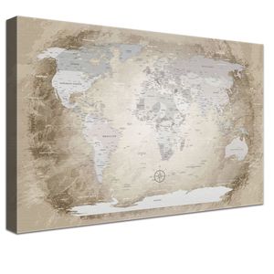 Leinwandbild - World Map Beige - 200 x 130 cm, Luxus Qualität, Deutsch