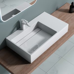 doporro 75x43x14 cm Design Waschbecken mit verstecktem Ablauf Colossum12-Links in weiß aus Gussmarmor als Aufsatzwaschbecken und Hängewaschbecken geeignet