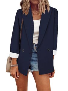 Damen Blazer Jacken Leicht Outdoor Knöpfen Mantel Feste Farbe Arbeiten Langarmshirt Dunkelblau,Größe S