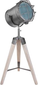 BRUBAKER Stehleuchte Industrial Design Tripod Lampe - 65 cm Höhe - Stativbeine aus Holz Scheinwerfer Grau Matt