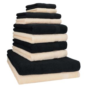 Betz 10-tlg. Handtuch-Set PREMIUM CLASSIC 2 Duschtücher 4 Handtücher 2 Gästetücher 2 Seiftücher  Farbe: beige & schwarz