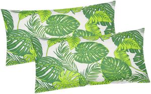 Baumwoll Renforcé Kissenbezug - 2er Set in 40x80cm - Tropische Blätter in grün und weiß - Kopfkissenbezug, Kissenhülle, Dekokissenbezug 100% Baumwolle (KY-510/1)