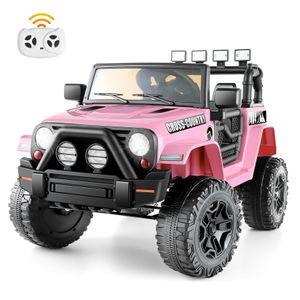 CAROMA 12V Elektro Kinderfahrzeug Kinderauto Jeep mit Tür, 2x Motoren, mit Fernbedienung, LED Lichts, eingebauter Musik, Bluetooth-Verbindung, Pink