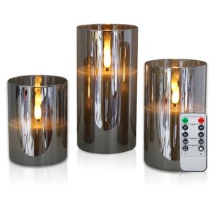 3er Set LED Kerzen mit Glas mit Fernbedienung Timer Funktion, Color:3er Echtwachs Grauglas