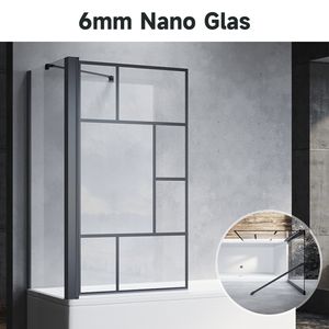SONNI Badewannenaufsatz faltbar Schwarz 80x140cm NANO Glas ESG 6mm Duschabtrennung für Badewannen--Gitterdesign, mit Seitenwand 70x140 cm