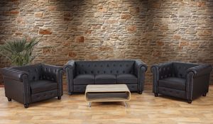 Luxusná sedacia súprava 3-1-1 obývacia pohovka Chesterfield Imitácia kože ~ okrúhle nohy, hnedá
