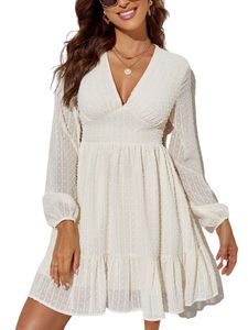 Damen Sommerkleider Langarm Minikleid Swiss Dots Swing Kleid Freizeitkleider Kleider Weiß,XL