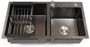 Einbauspüle Küchenspüle Edelstahl       Spülbecken schwarz spüle   mit Abtropffläche  Küche  Doppelwaschbecken +Seifenspender  78x43x22cm