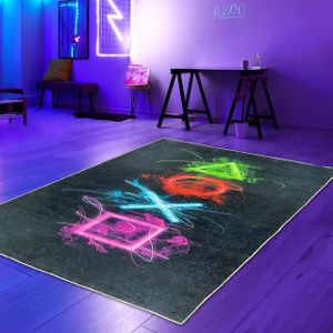Gaming Teppich mit neonfarbigen Symbolen auf schwarzem Hintergrund Größe - 140 x 200 cm